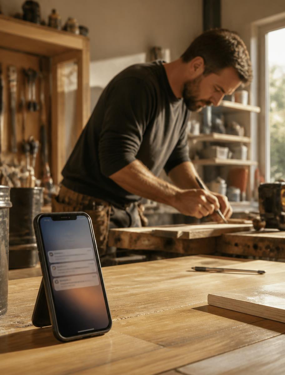 Contractor working at his bench while reminder notifications arrive on his propped-up phone