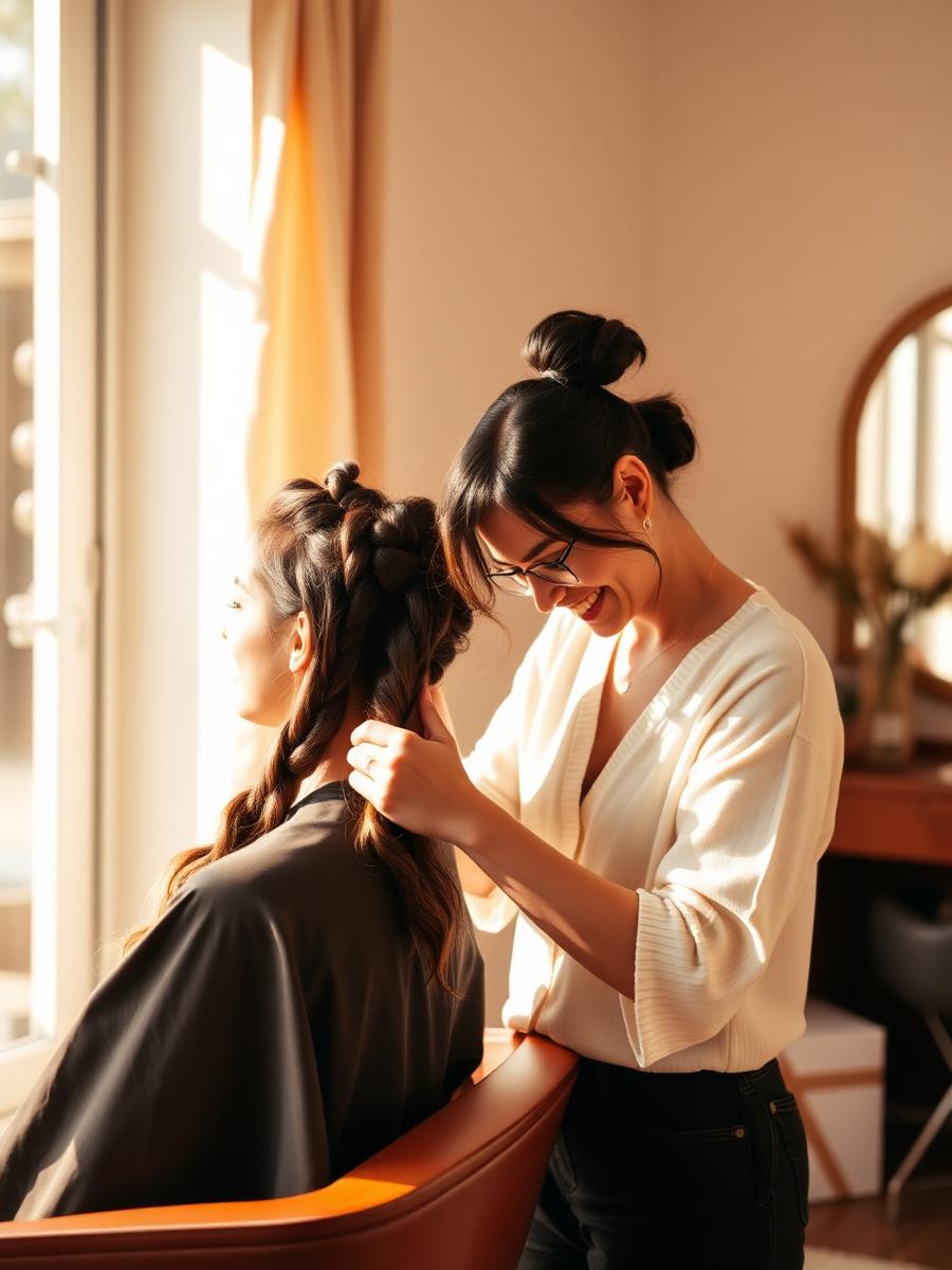 Hairstylist braiding a client's hair in a sunlit salon